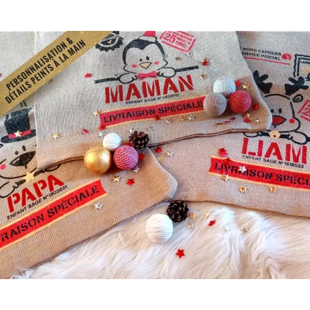 Sac cadeau hotte de Noël Renne en jute personnalisable