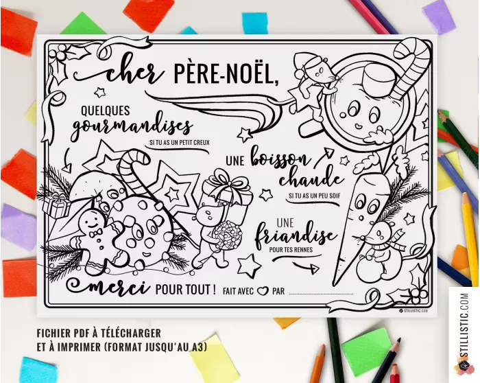 Set de table du Père Noël Motif Souris à imprimer et colorier