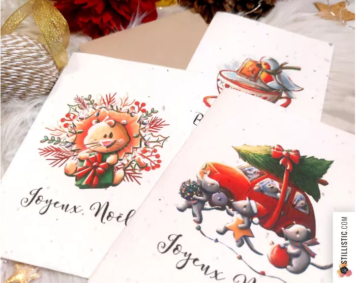 Carte de voeux Noël à planter Illustration Lion + enveloppe