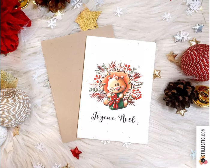 Carte de voeux Noël à planter Illustration Lion + enveloppe