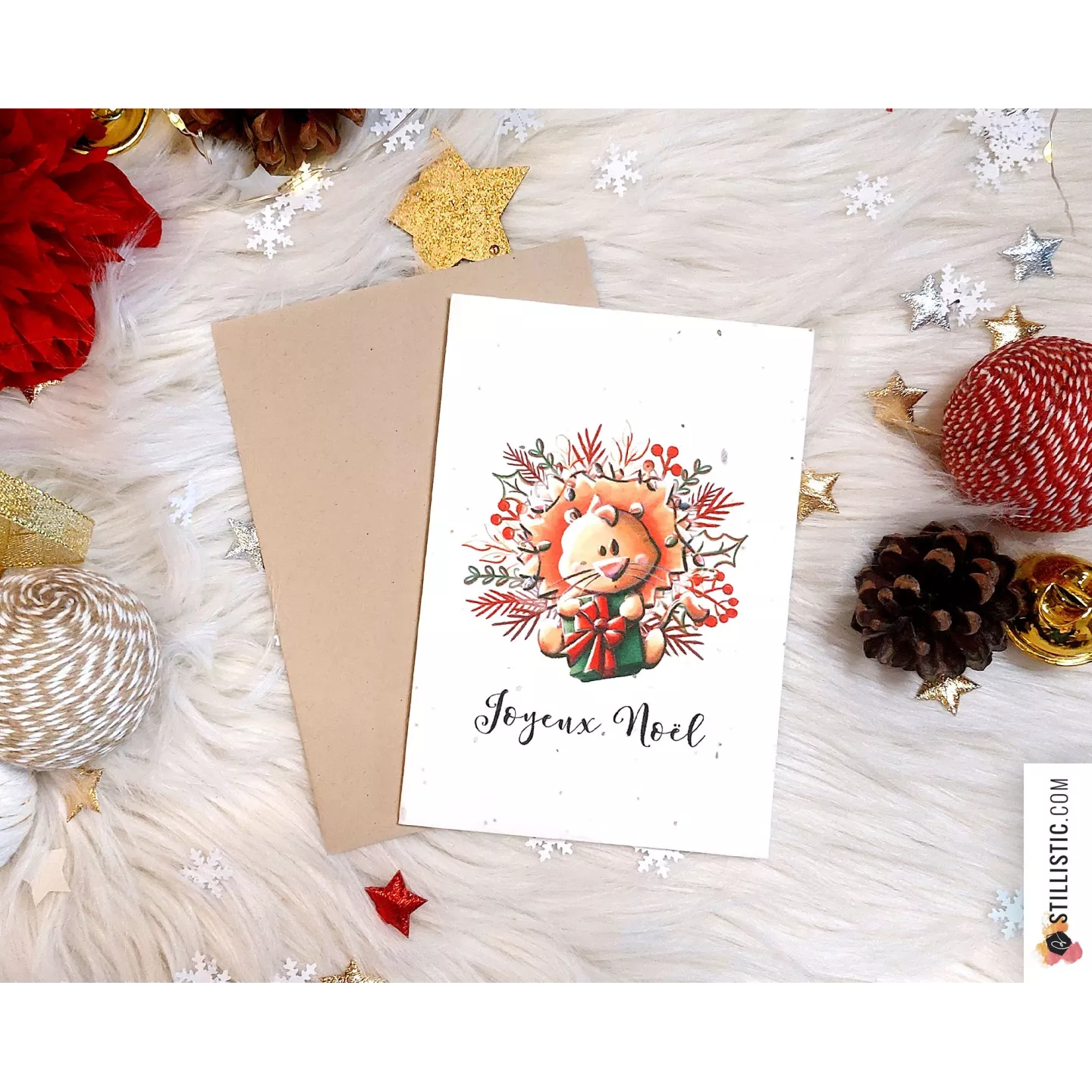 Carte de voeux Noël à planter Illustration Lion + enveloppe