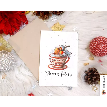Carte de voeux Noël à planter Illustration Rouge-gorge+ enveloppe