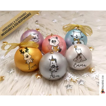 Boule de Noël Ours Panda Renard Licorne incassable personnalisable et éco-responsable