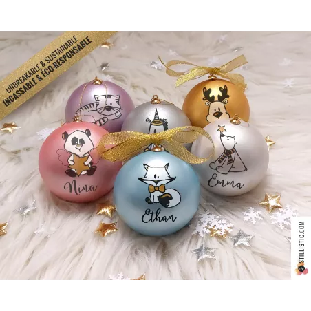 Boule de Noël Ours Panda Renard Licorne incassable personnalisable et éco-responsable