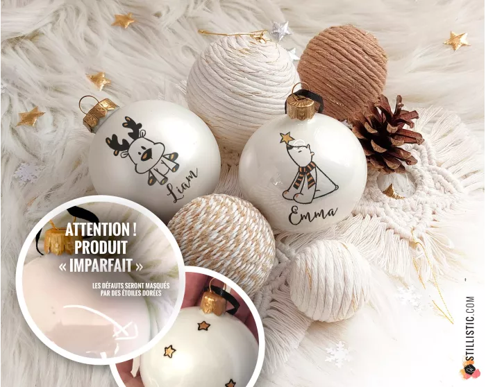 Boule en verre Mon premier Noël personnalisée prénom enfant Ours Renard Licorne Panda décorée à la main Noir et Or