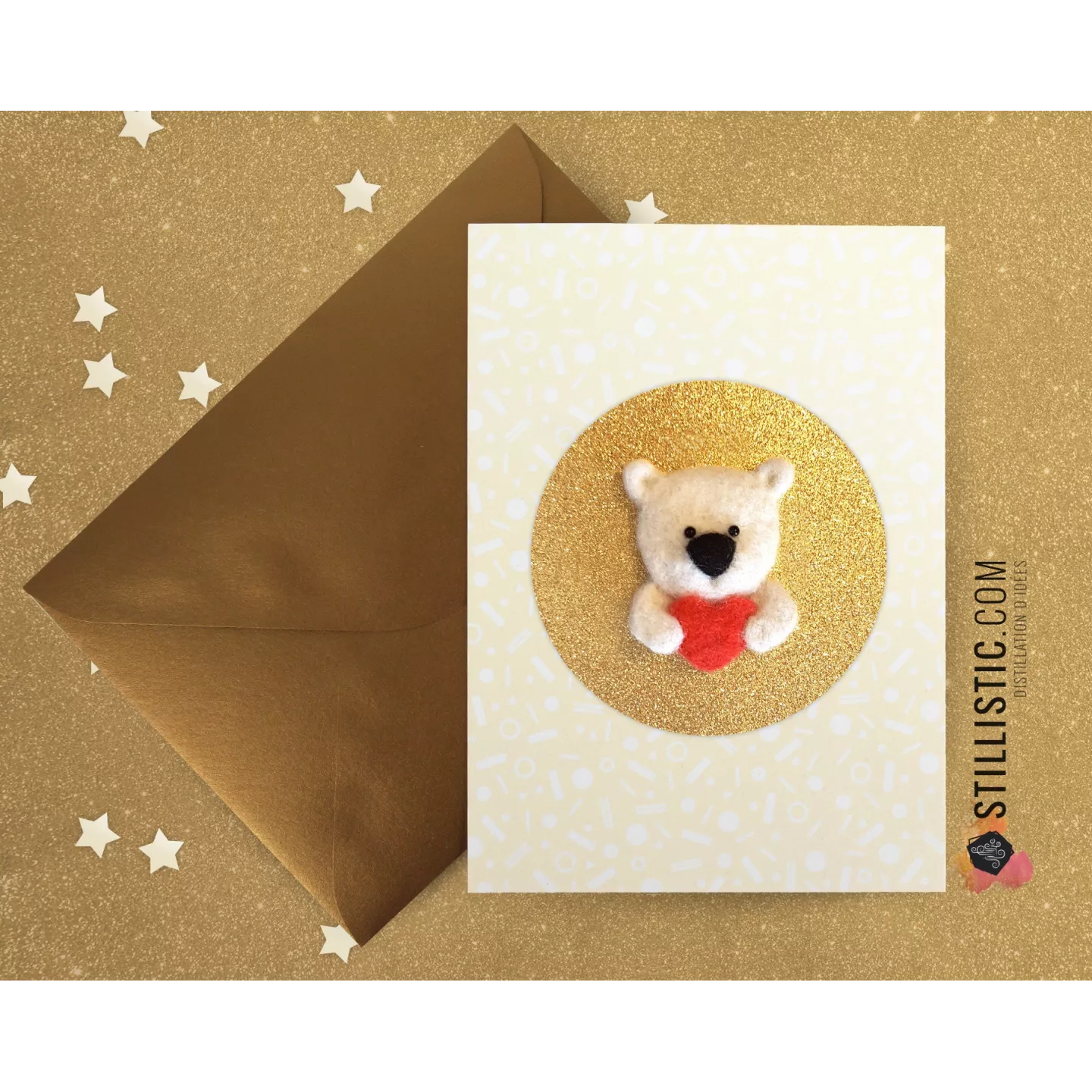 Carte de voeux dorée grand format Décoration chambre Saint-Valentin Fête des Mères Ours polaire et coeur laine feutrée + envelop