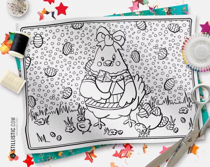 Coupon tissu Set de table Scène Poulette Pâques coloriable