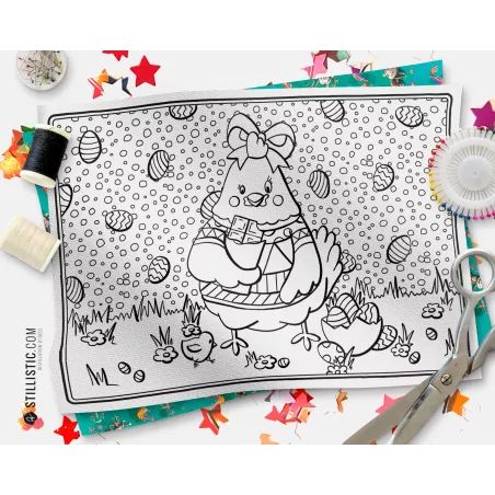 Coupon tissu Set de table Scène Poulette Pâques coloriable