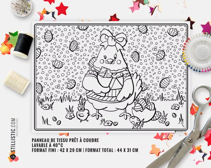 Coupon tissu Set de table Scène Poulette Pâques coloriable
