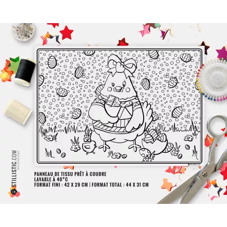 Coupon tissu Set de table Scène Poulette Pâques coloriable