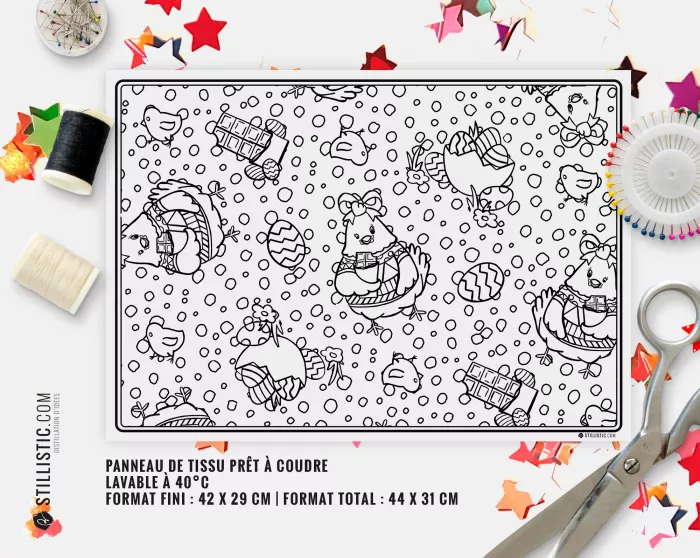 Coupon tissu Set de table Motif Poulette Pâques coloriable