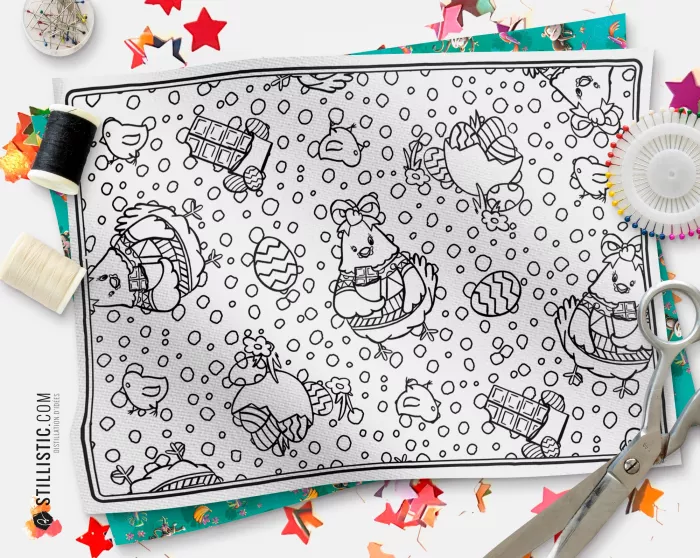 Coupon tissu Set de table Motif Poulette Pâques coloriable
