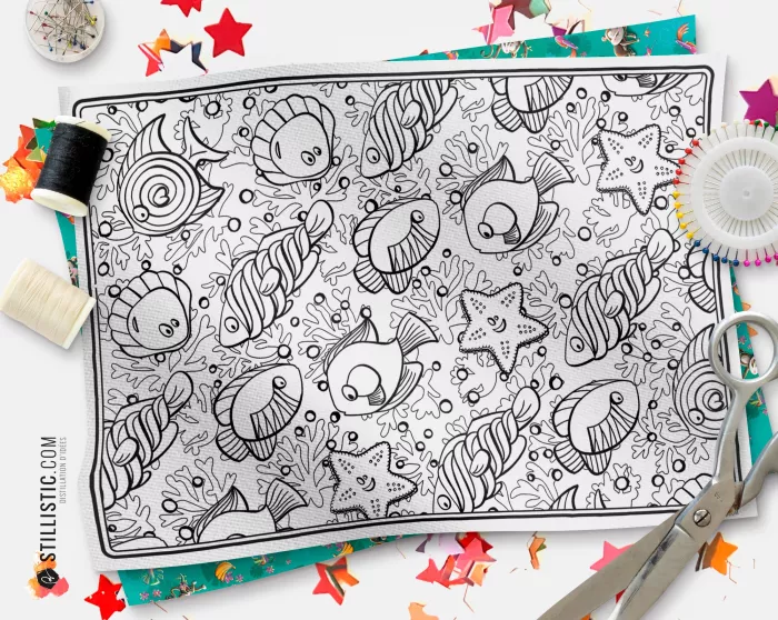 Coupon tissu Set de table Motif Poissons bonbons coloriable