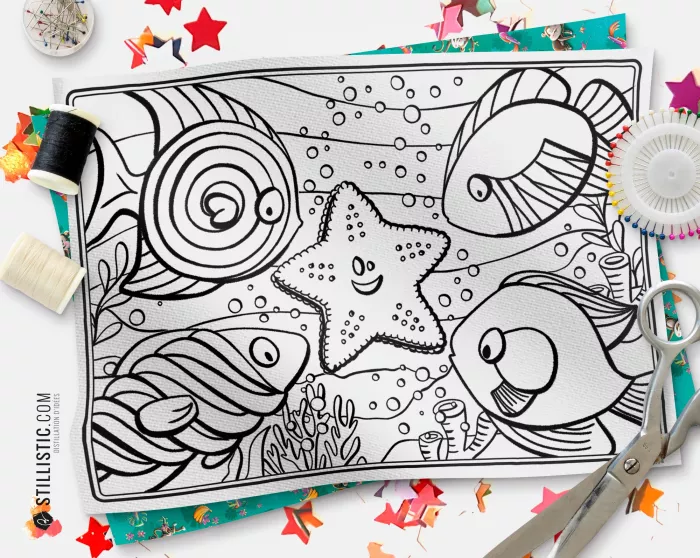 Coupon tissu Set de table Poissons bonbons coloriable