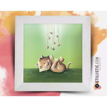 Cadre carré avec Illustration Chaton et étoiles pour Chambre Enfant bébé 25x25cm