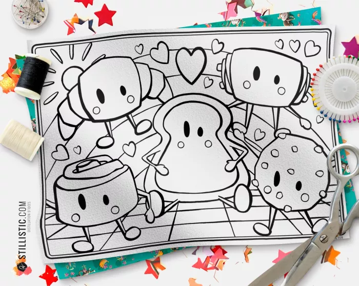 Coupon tissu Set de table Amis du Petit Déjeuner coloriable