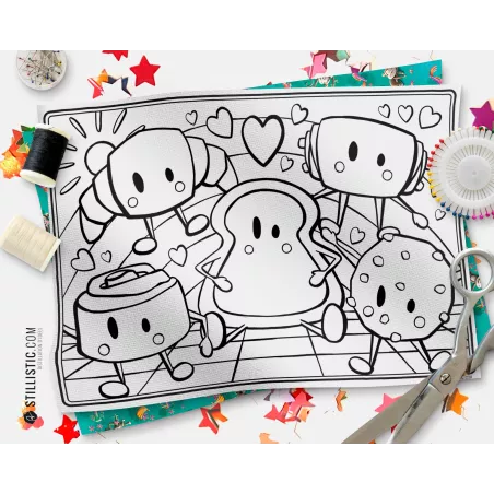 Coupon tissu Set de table Amis du Petit Déjeuner coloriable