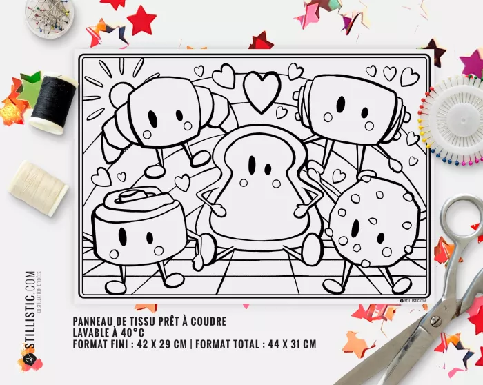 Coupon tissu Set de table Amis du Petit Déjeuner coloriable