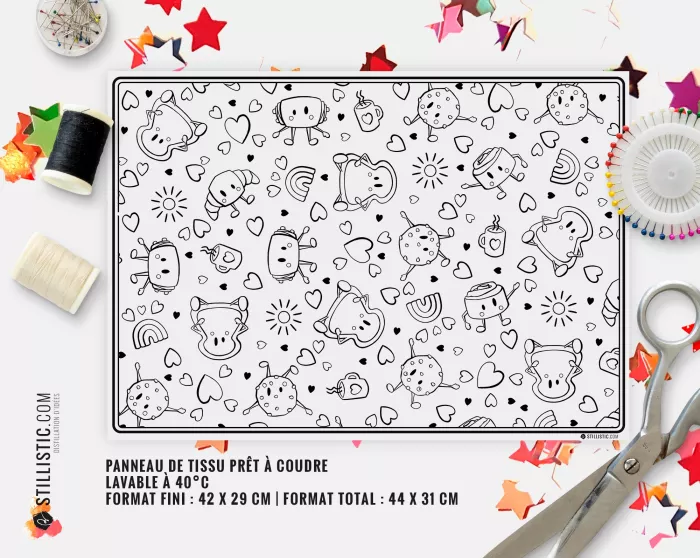 Coupon tissu Set de table Motif Amis du Petit Déjeuner coloriable