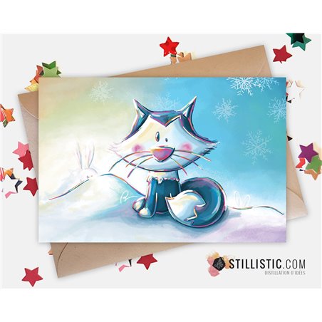 Carte de voeux papier 350g avec Illustration Originale Renard polaire et lapins pour Anniversaire Noël Nouvel An