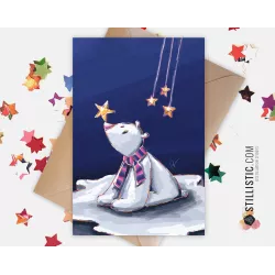 Carte de voeux papier 350g avec Illustration Originale Ours polaire, étoile et banquise pour Noël Nouvel An