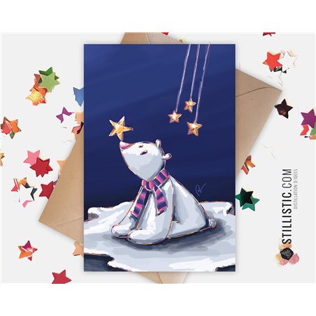 Carte de voeux papier 350g avec Illustration Originale Ours polaire, étoile et banquise pour Noël Nouvel An