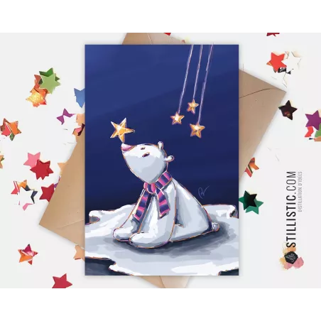 Carte de voeux papier 350g avec Illustration Originale Ours polaire, étoile et banquise pour Noël Nouvel An