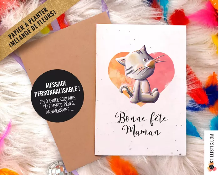 Carte de voeux à planter Chat + enveloppe Message personnalisable