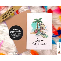Carte de voeux à planter Hippo surf + enveloppe Message personnalisable