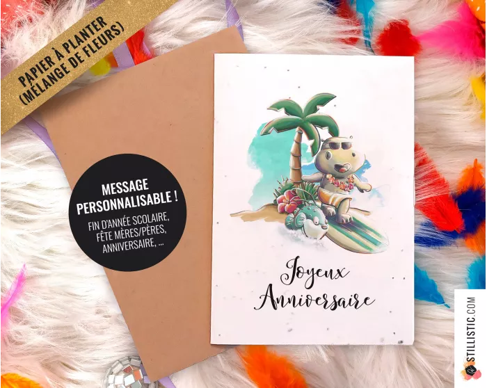 Carte de voeux à planter Hippo surf + enveloppe Message personnalisable