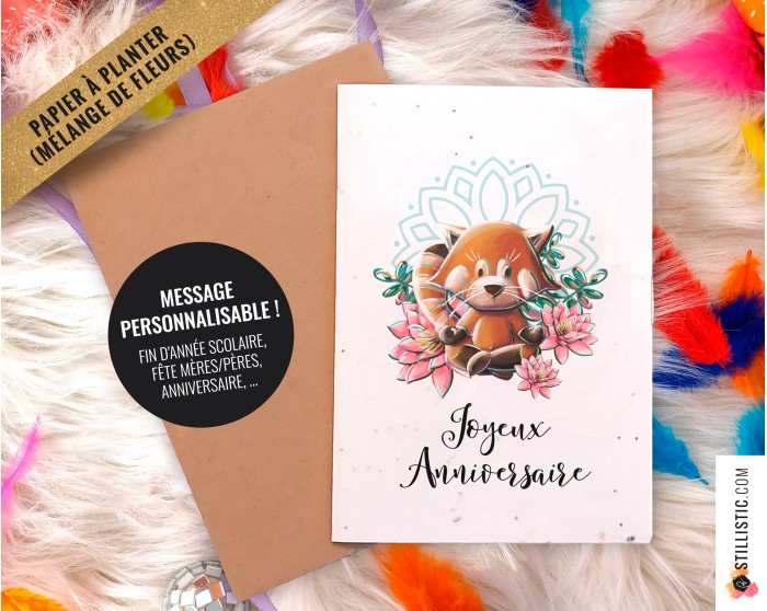 Carte de voeux à planter Panda Roux Yoga + enveloppe Message personnalisable