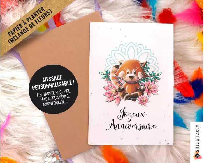 Carte de voeux à planter Panda Roux Yoga + enveloppe Message personnalisable