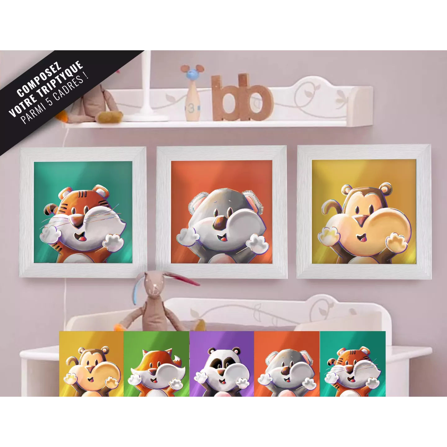 Triptyque lot de 3 Cadres Animaux Lou-Sticks