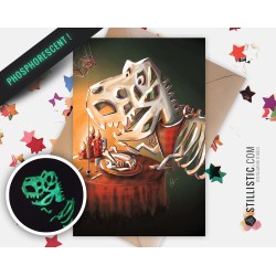 Carte de voeux papier 350g avec Illustration Originale Phosphorescente Squelette T-Rex Halloween pour Anniversaire