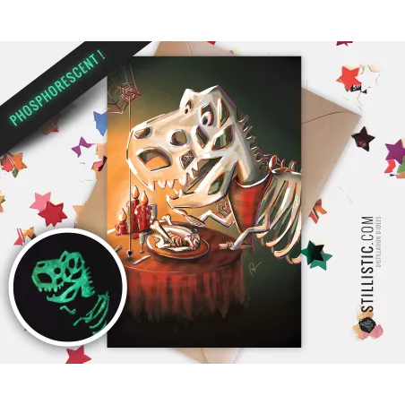 Carte de voeux papier 350g avec Illustration Originale Phosphorescente Squelette T-Rex Halloween pour Anniversaire