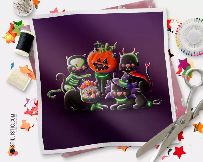 Coupon illustré Bal masqué d'Halloween  coton ou minky