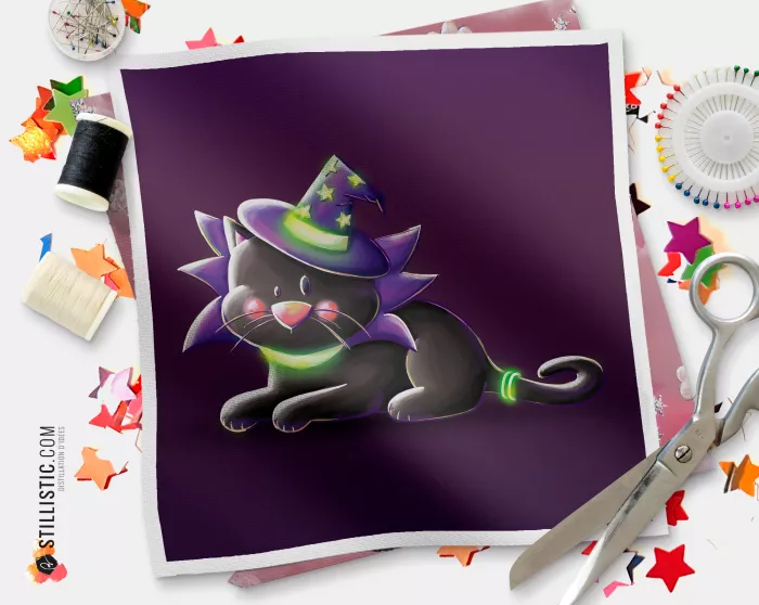 Coupon illustré Chat magicien Bal masqué d'Halloween  coton ou minky