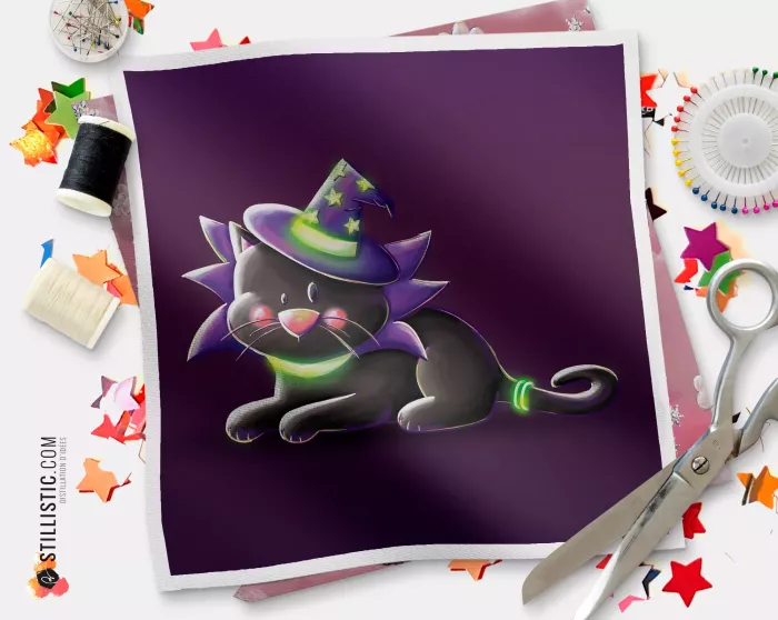 Coupon illustré Chat magicien Bal masqué d'Halloween  coton ou minky