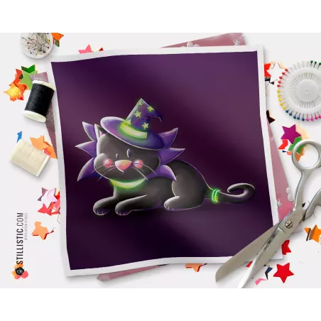Coupon illustré Chat magicien Bal masqué d'Halloween  coton ou minky