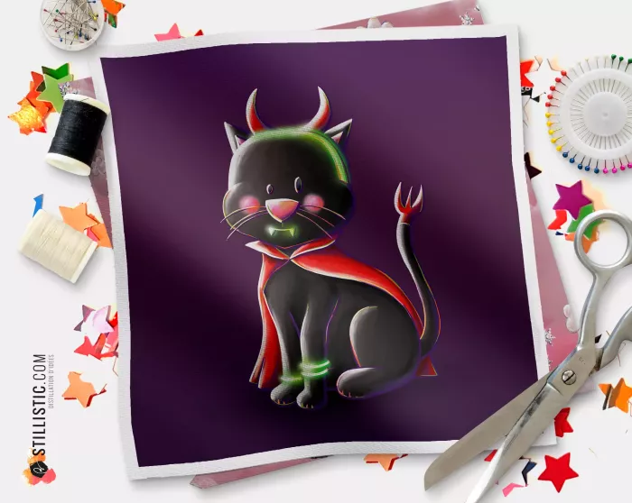 Coupon illustré Chat diablotin Bal Halloween  coton ou minky