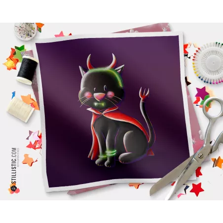 Coupon illustré Chat diablotin Bal Halloween  coton ou minky