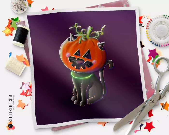 Coupon illustré Chat citrouille Bal Halloween  coton ou minky
