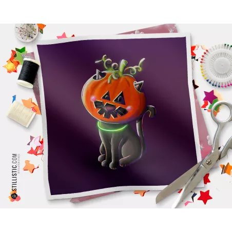 Coupon illustré Chat citrouille Bal Halloween  coton ou minky