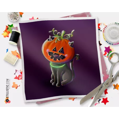 Coupon illustré Chat citrouille Bal Halloween  coton ou minky