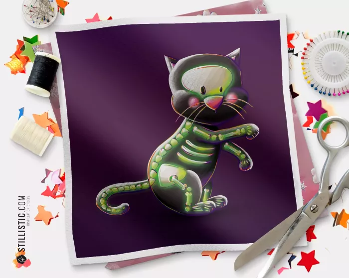 Coupon illustré Chat squelette Bal Halloween  coton ou minky