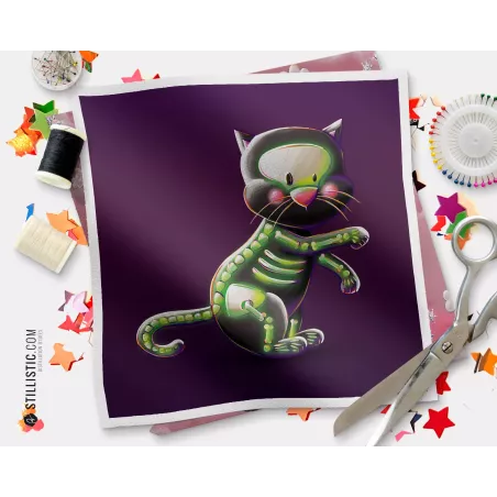 Coupon illustré Chat squelette Bal Halloween  coton ou minky