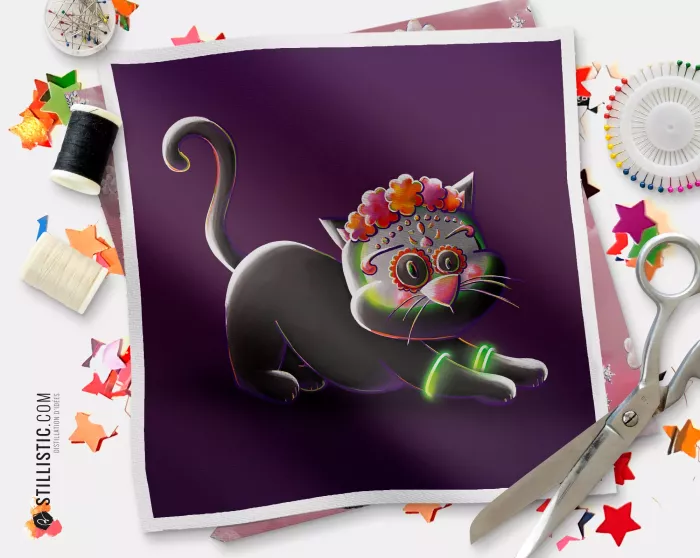 Coupon illustré Chat Dia de los muertos Bal Halloween  coton ou minky