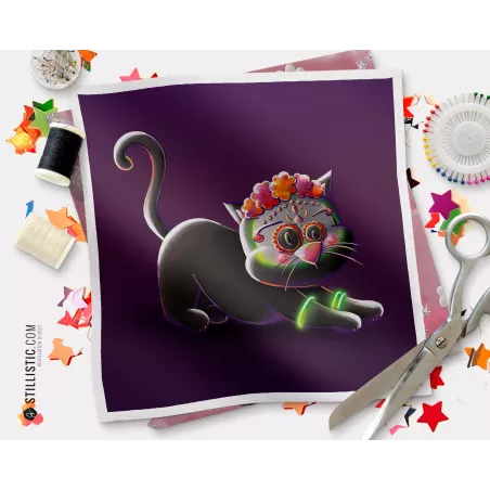 Coupon illustré Chat Dia de los muertos Bal Halloween  coton ou minky