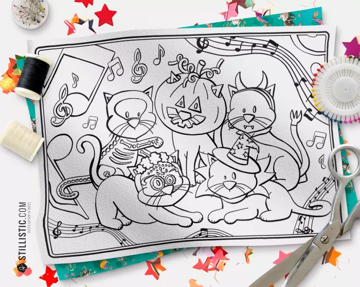 Coupon tissu Set de table Motif Chats Bal masqué Halloween