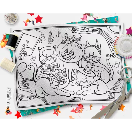 Coupon tissu Set de table Motif Chats Bal masqué Halloween